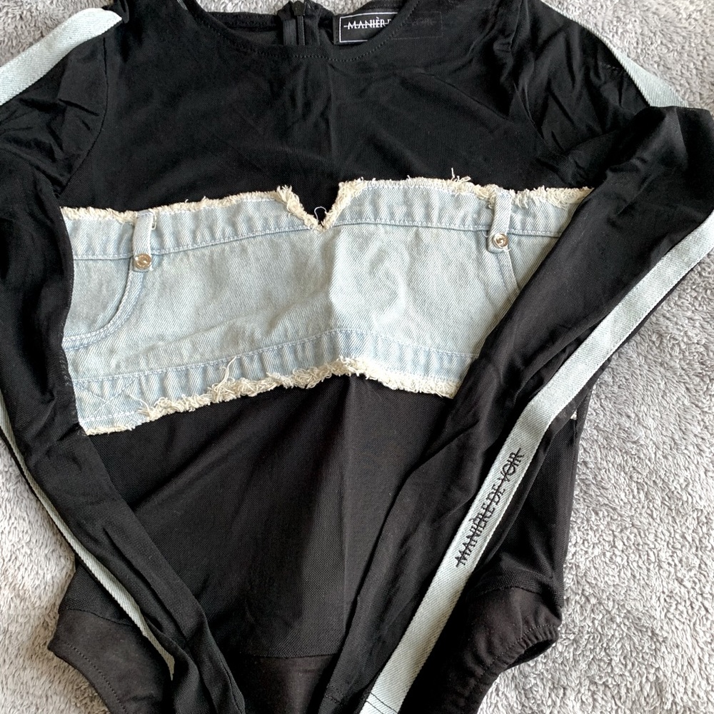 Mesh bodysuit w/ denim detailing